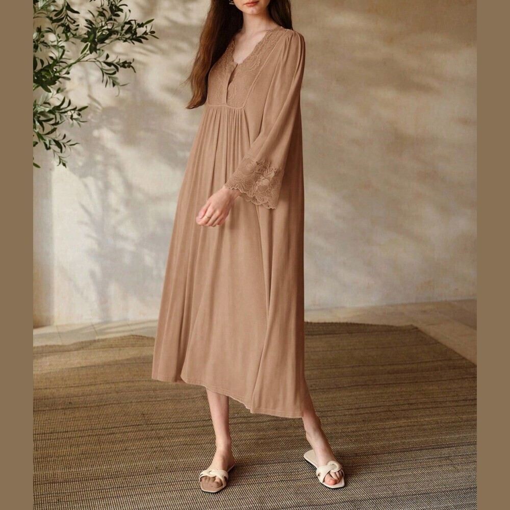 Tan Lace Trim V Neck Long Sleeve Knit Midi Lounge Dress